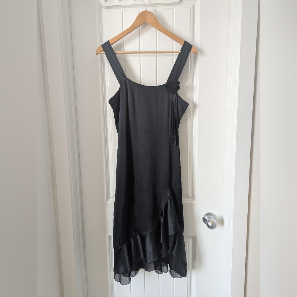 Black Silk Charmeuse Sleeveless Ruffle Hem Dress, Midi Length Size 8